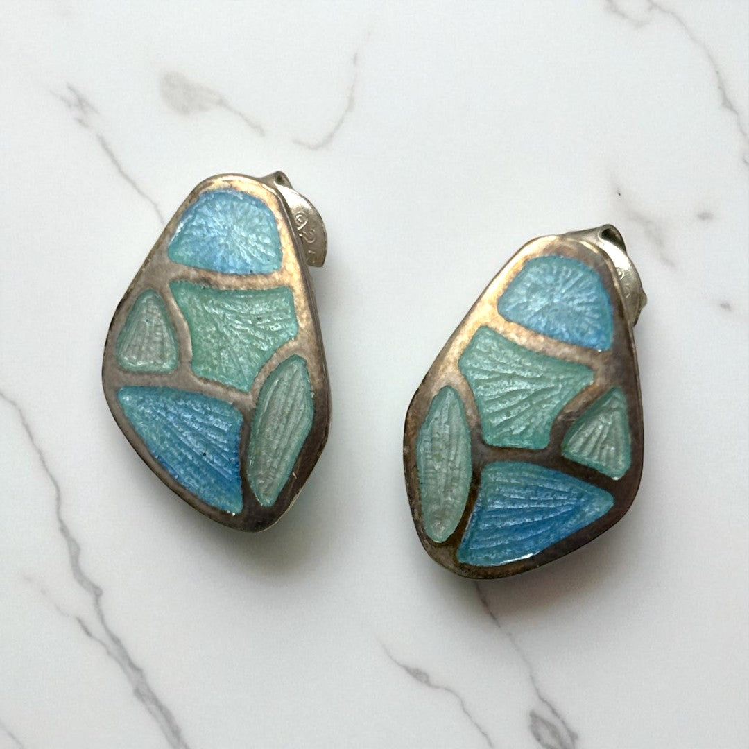 Stud - Enameled Turquoise & Blue Shaped Earrings