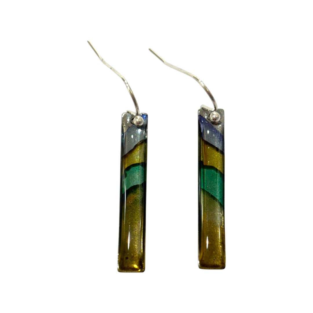 Inky Long Drop Earrings - Silver, Green & Yellow