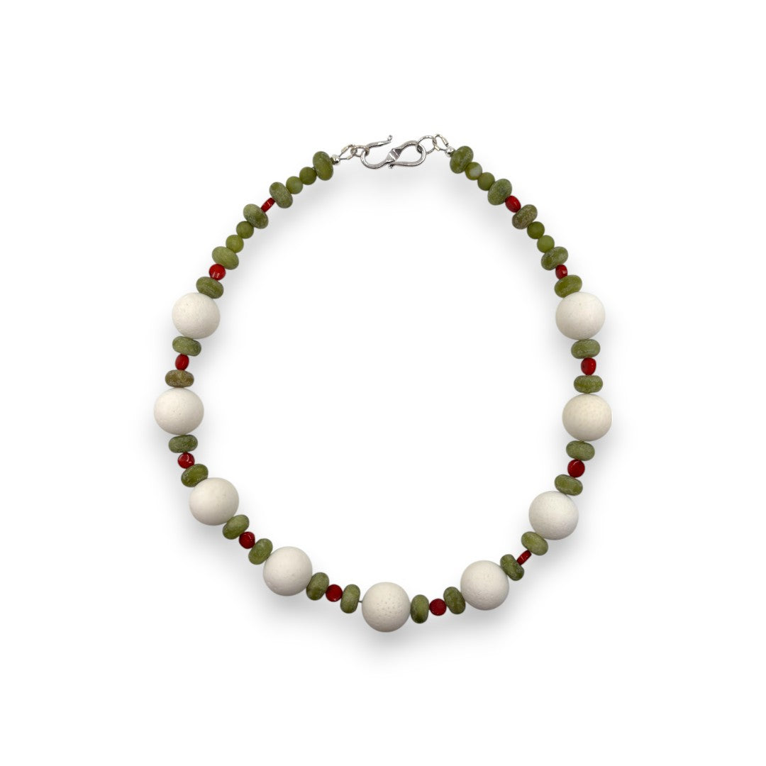 Necklace - Green Opal, Sea Bamboo & White Stone