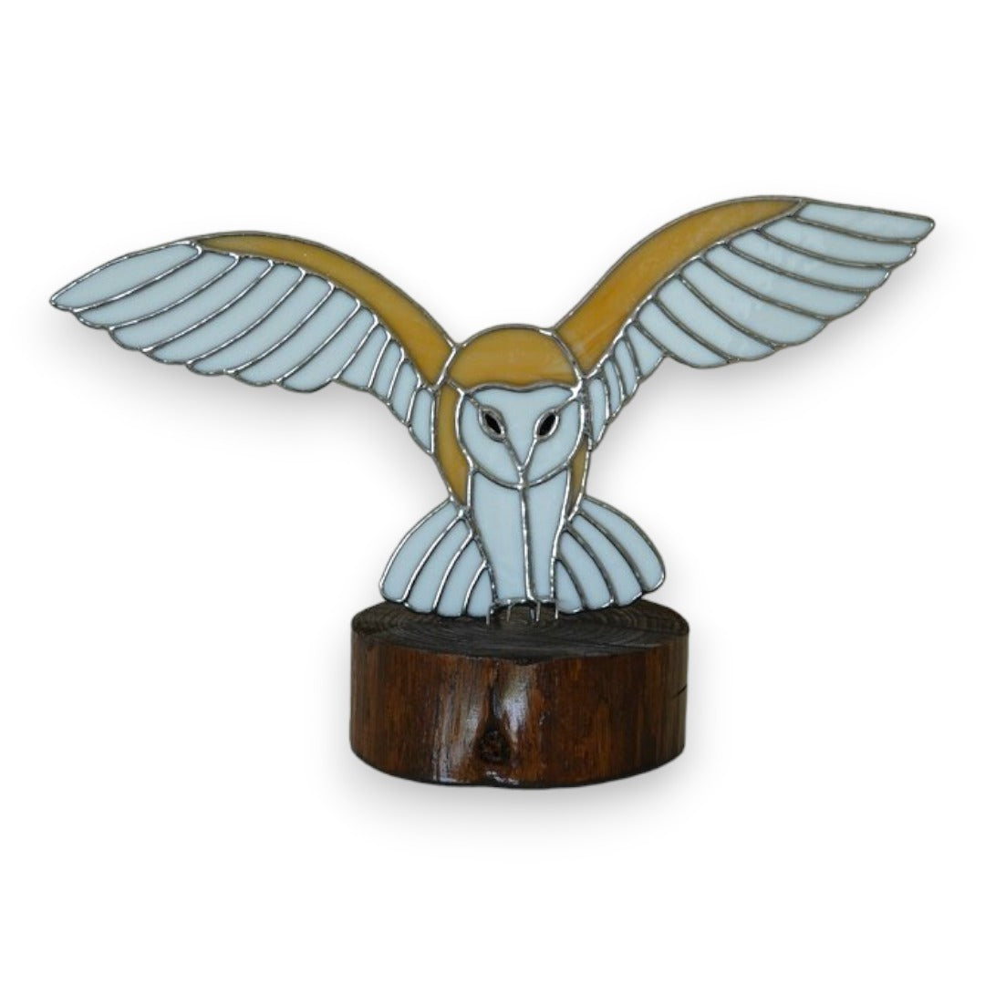 Freestanding Barn Owl Flying/Landing on Wood - Stained Glass