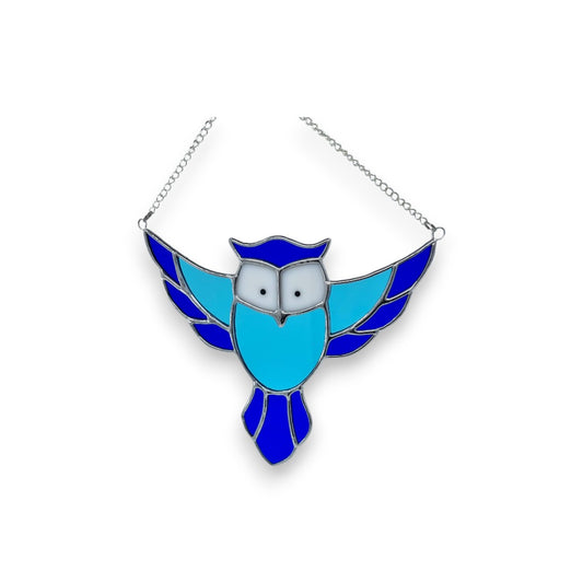 Flying Cartoon Owl Blue Hanger/Suncatcher - Stained Glass