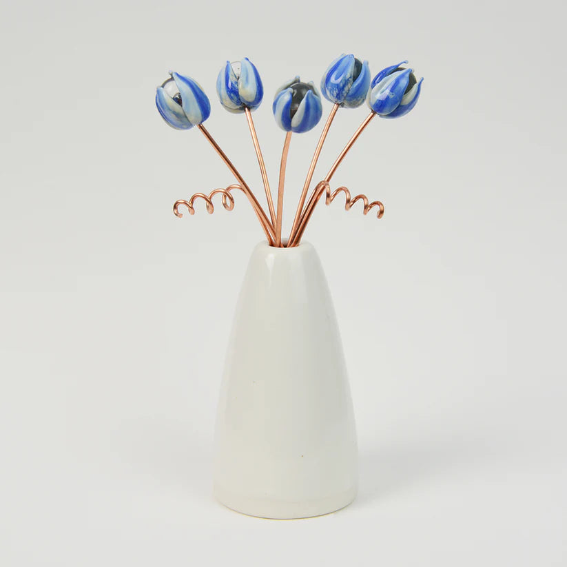 Mini Ceramic Vase with Blue Glass Tulips