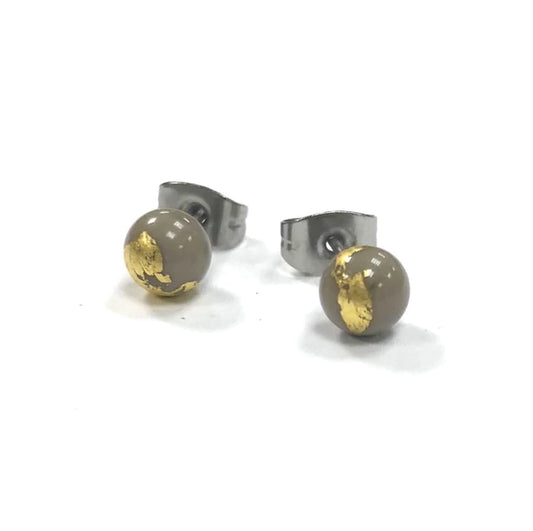 Mini - Grey and Gold Glass Stud Earrings