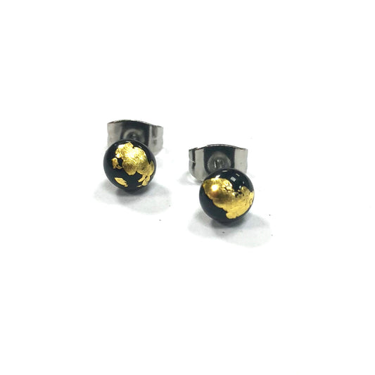 Mini - Black and Gold Glass Stud Earrings