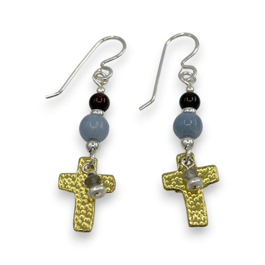 Brass Cross with Beads - Drop Earrings