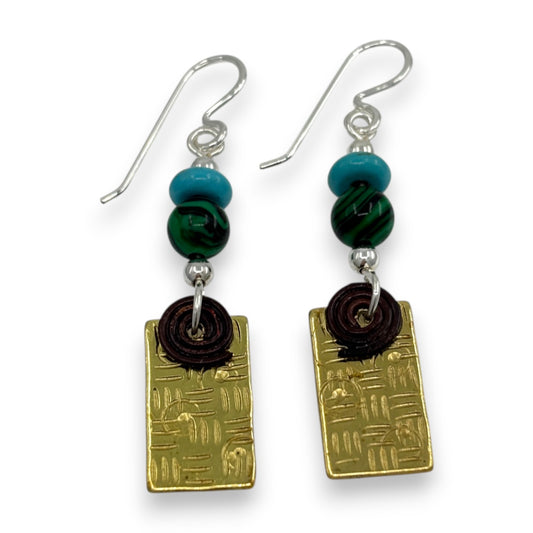 Brass Rectangle with Beads - Drop Earrings