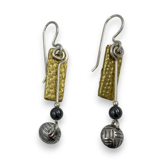 Brass Rectangle with Pewter Dome - Drop Earrings