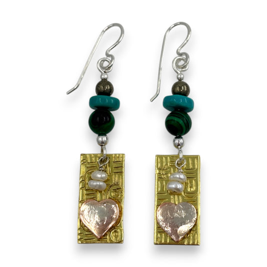Brass Rectangle with Pewter Heart & Beads - Drop Earrings