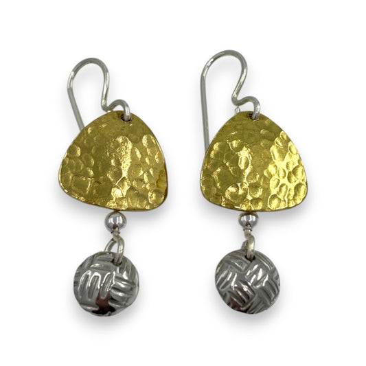 Brass Triangular Shape with Pewter Dome - Drop Earrings