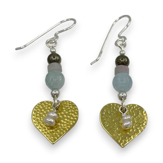 Brass Heart with Semi - Precious Stones - Drop Earrings