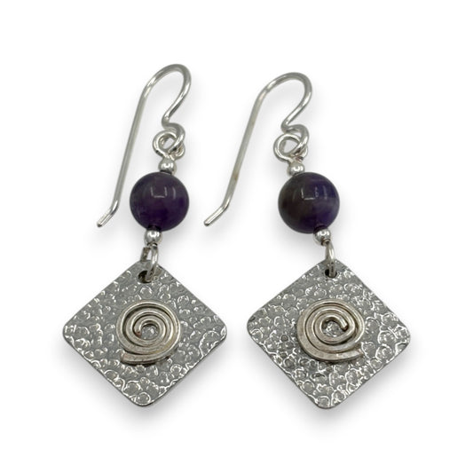 Pewter Diamond Shape with Beads - Drop Earrings