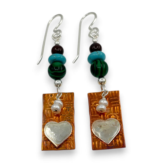 Copper Rectangle with Pewter Heart and Beads - Drop Earrings