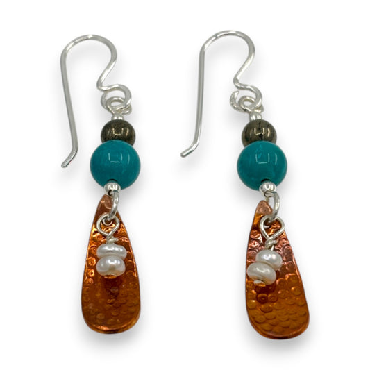 Copper Textured Drop with Semi-Precious Stones - Drop Earrings