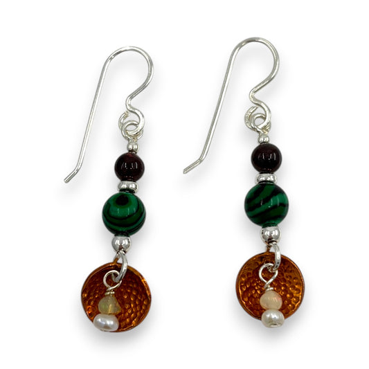 Copper Coin with Stones & Pearl - Drop Earrings