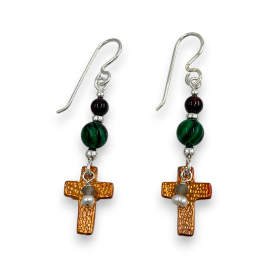 Copper Cross with Stones - Drop Earrings
