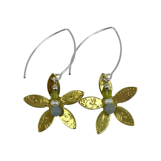 Brass Flower with Pearl - Drop Earrings