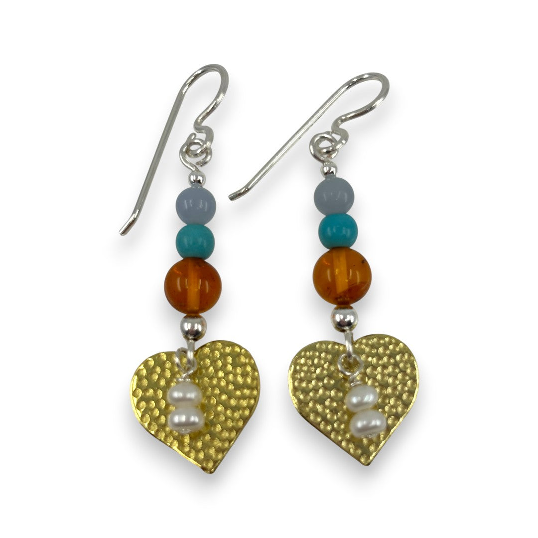 Brass Heart with Semi - Precious Stones - Drop Earrings