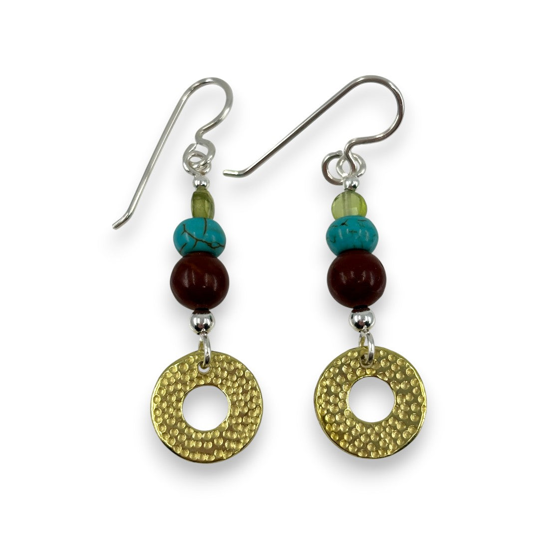 Brass Textured Circles with Semi - Precious Stones - Drop Earrings