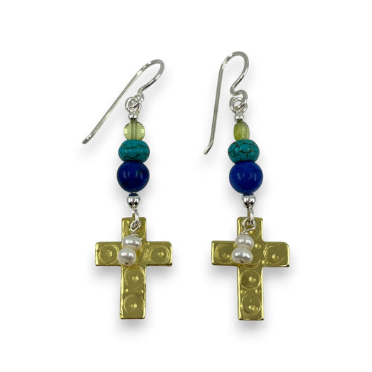 Brass Cross with Beads - Drop Earrings