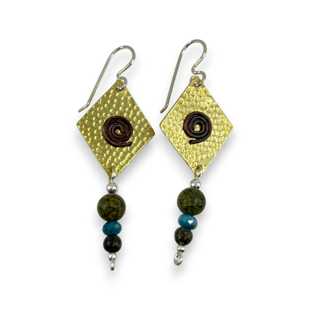 Brass Diamond with Stones - Drop Earrings