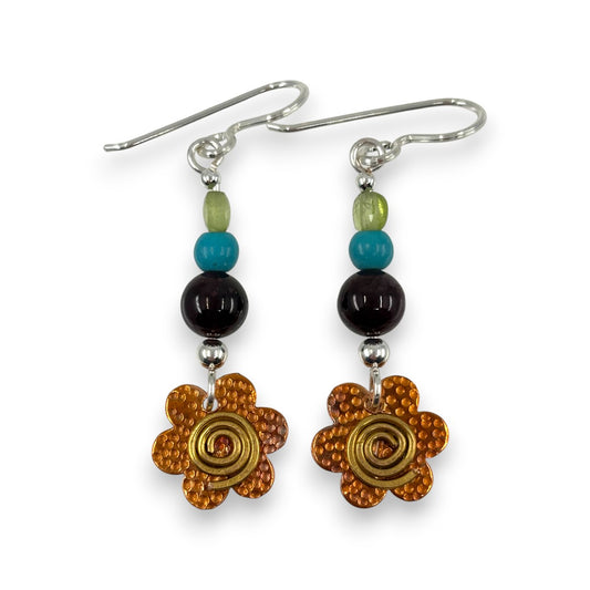 Copper Flower with Stones - Drop Earrings