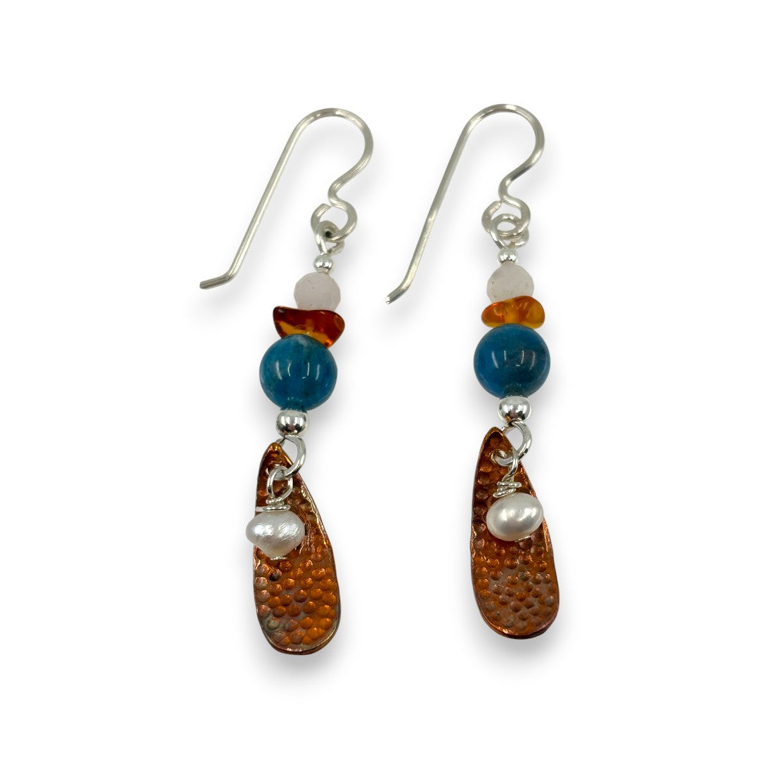 Copper Textured Drop with Semi-Precious Stones - Drop Earrings