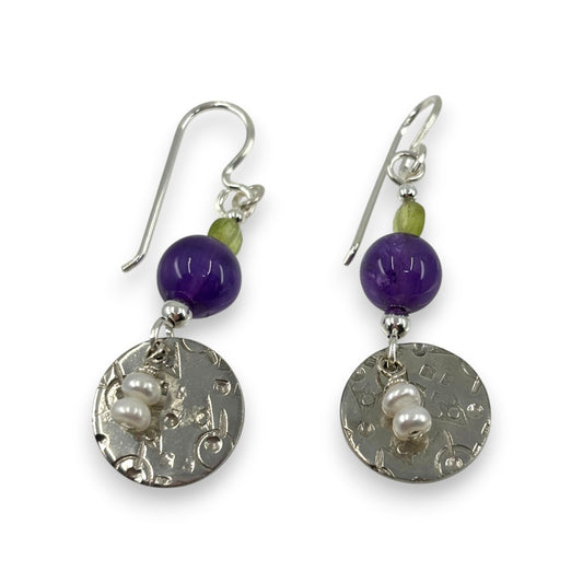 Pewter Coin with Semi - Precious Stones - Drop Earrings