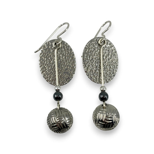 Pewter Textured Oval with Pewter Drop - Drop Earrings