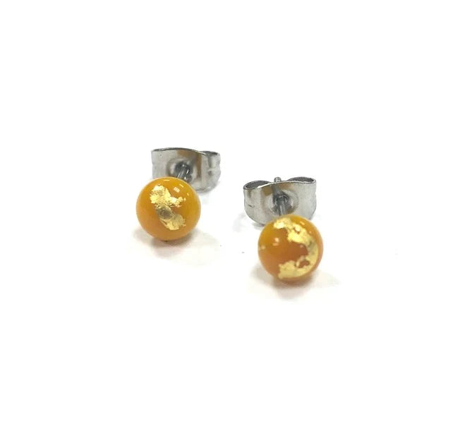 Mini - Ochre and Gold Glass Stud Earrings