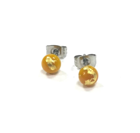 Mini - Ochre and Gold Glass Stud Earrings