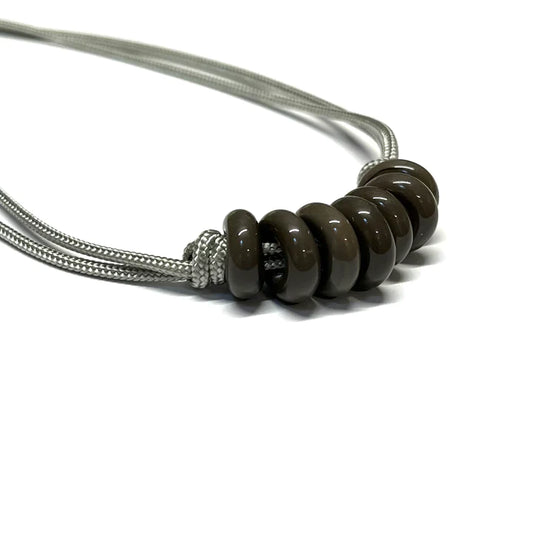 Adjustable Necklace - Charcoal Glass Beads On Silver Paracord