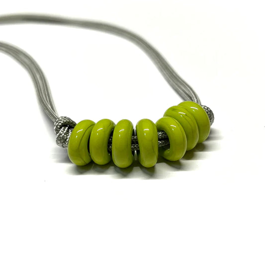 Adjustable Necklace - Lime Glass Beads On Silver Paracord