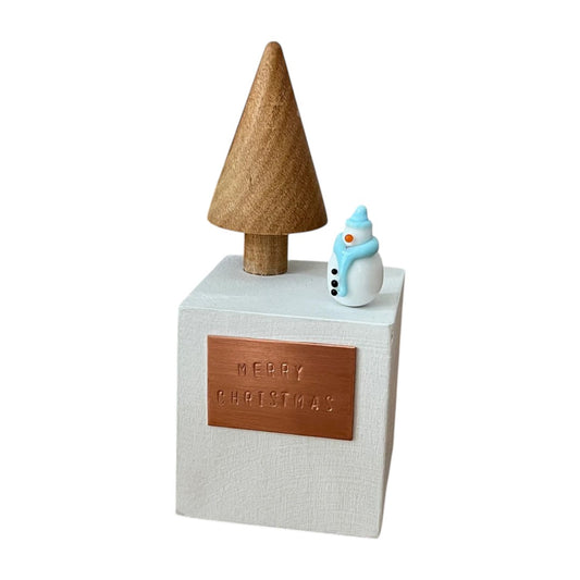 Snowman Block - Tree with Glass Snowman with Light Blue Scarf and Hat