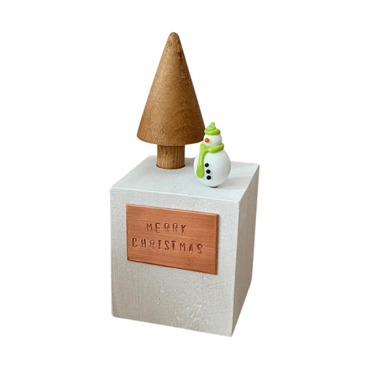 Snowman Block - Tree with Glass Snowman with Green Scarf and Hat