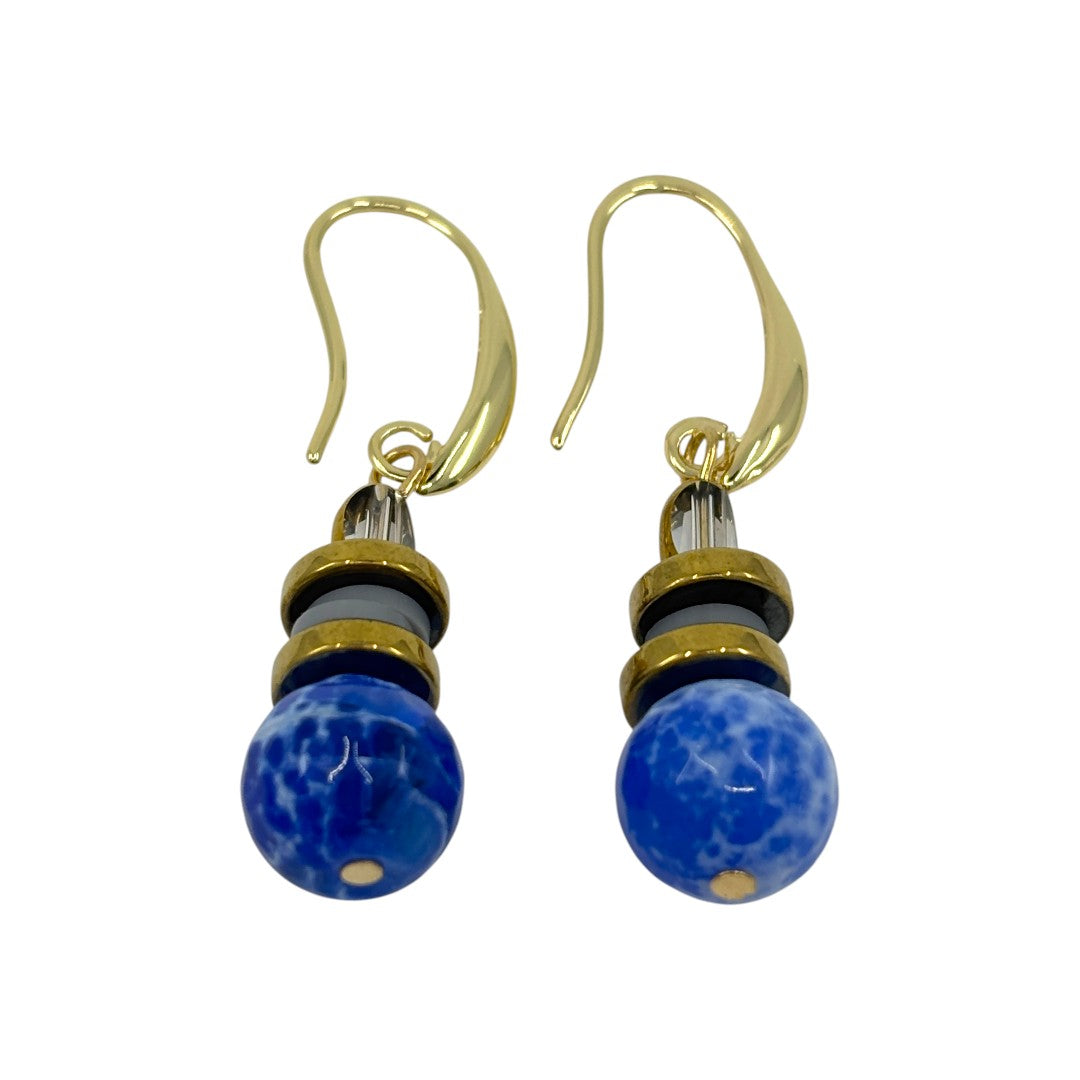 Earrings - Blue, White & Gold Beads