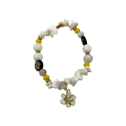 Bracelet - White Chips & Black Flower Beads