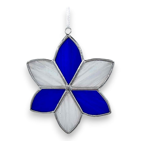 Flower - 6 Petal Hanger - Blue & Pearl White Stained Glass