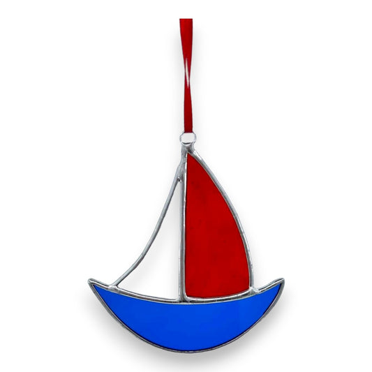 Sailing Boat (Rounded) Hanger/Suncatcher - Red, Blue & White Stained Glass