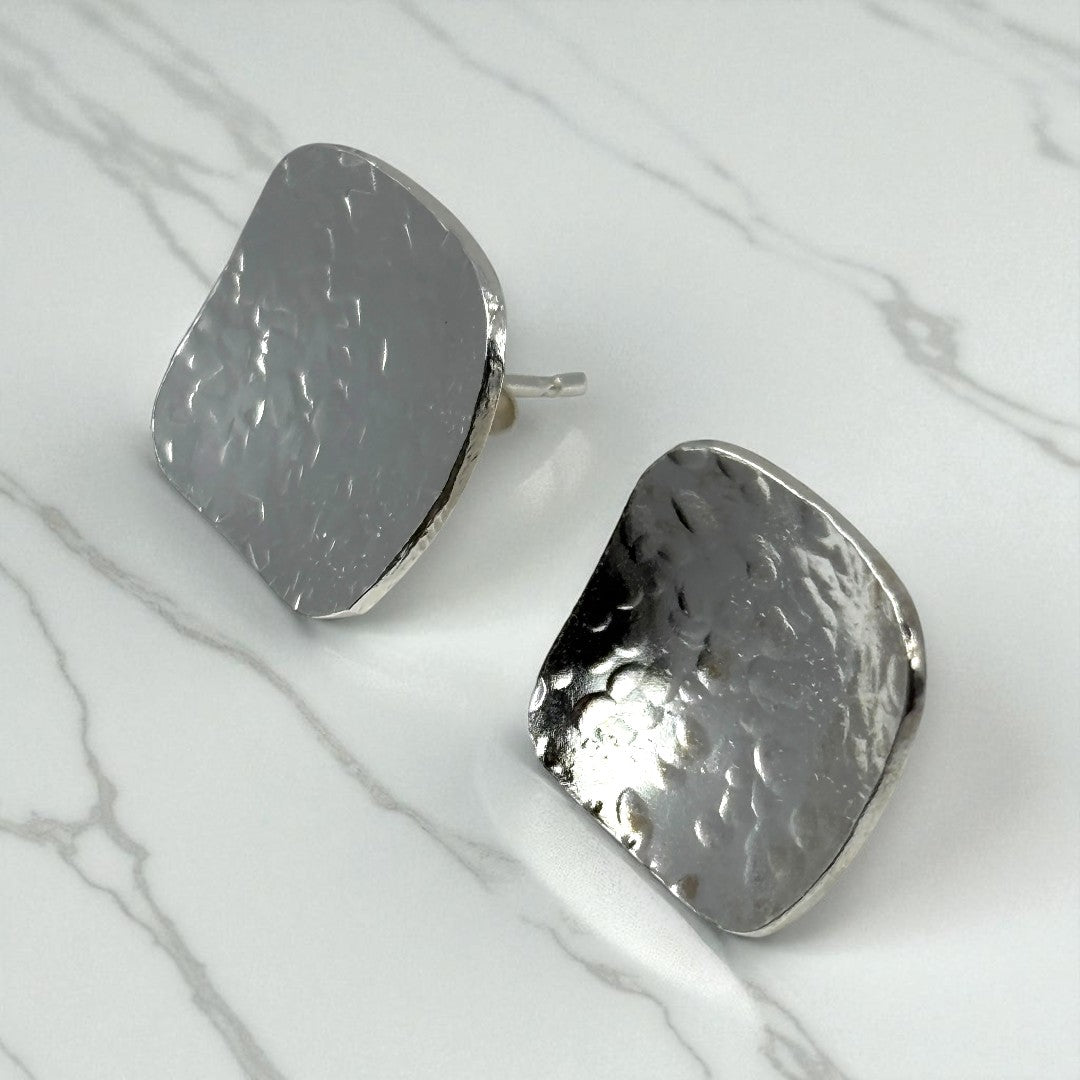 Stud - Silver Textured Square Earrings