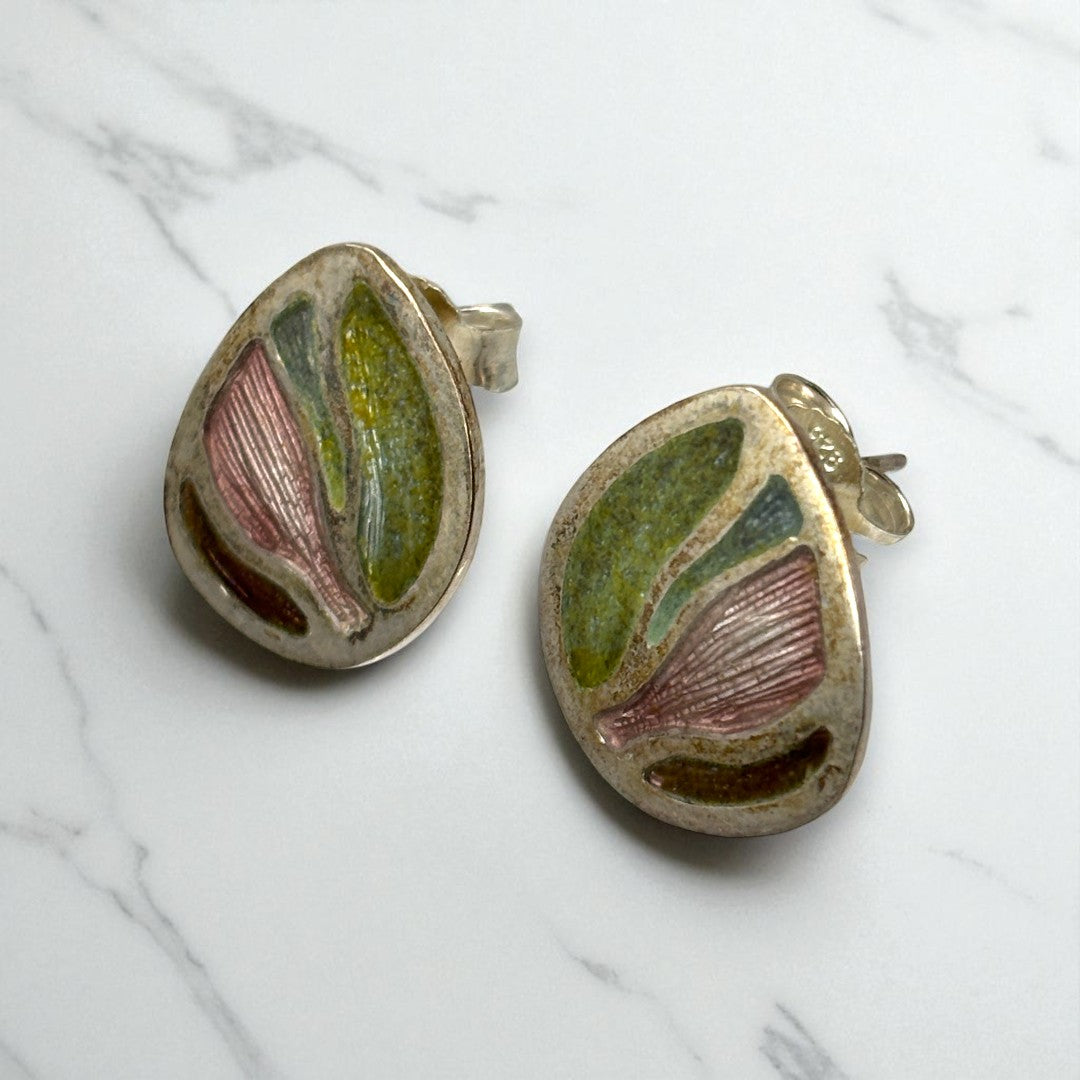 Stud -  Enameled Green & Burgundy Shaped Earrings