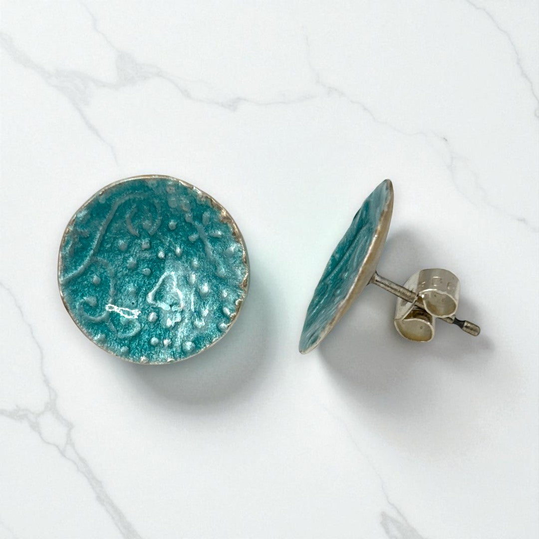 Stud -  Enameled Turquoise Round Earrings
