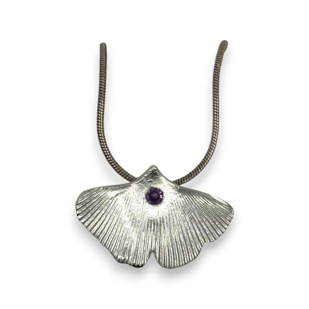 Ginkgo Leaf Silver Pendant with Purple Stone