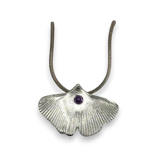 Ginkgo Leaf Silver Pendant with Purple Stone