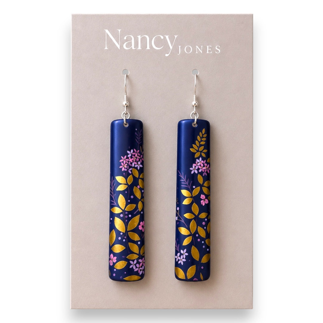 Long Navy Gold Floral -  Drop Earrings