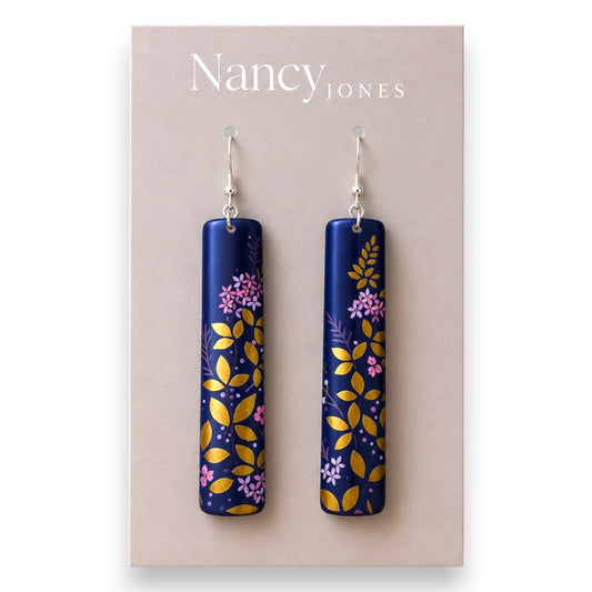 Long Navy Gold Floral -  Drop Earrings