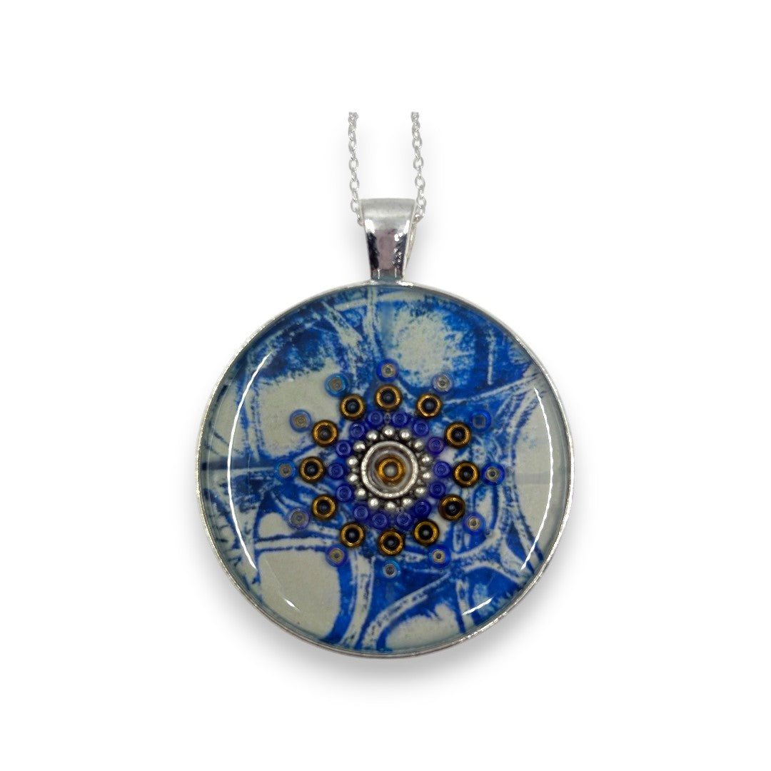 Large Circular Pendant - Blue, Cream & Gold