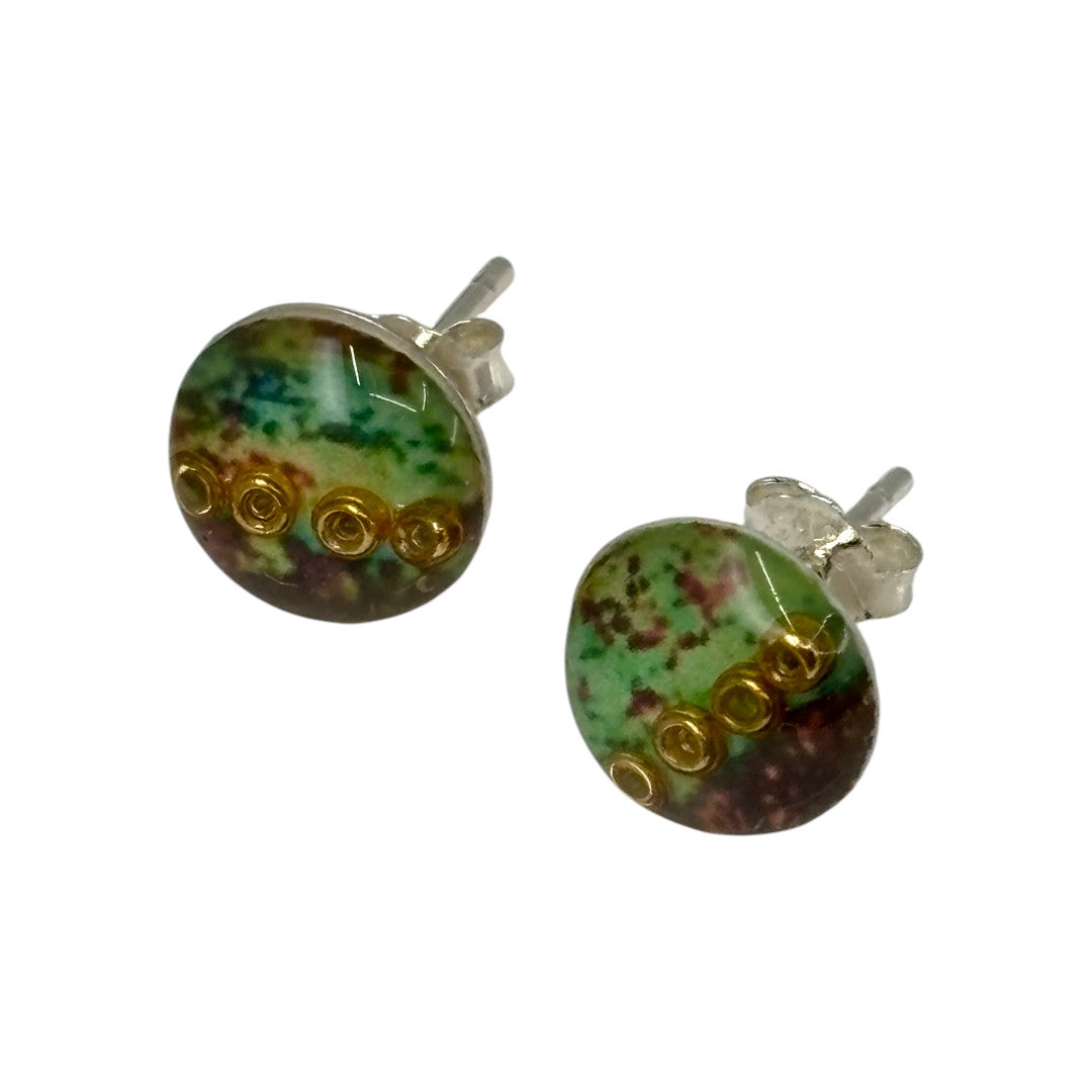 Stud Earrings - Green, Gold and Bronze
