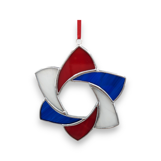 Star Open 6 Point Hanger/Suncatcher - Red, White and Blue Stained Glass