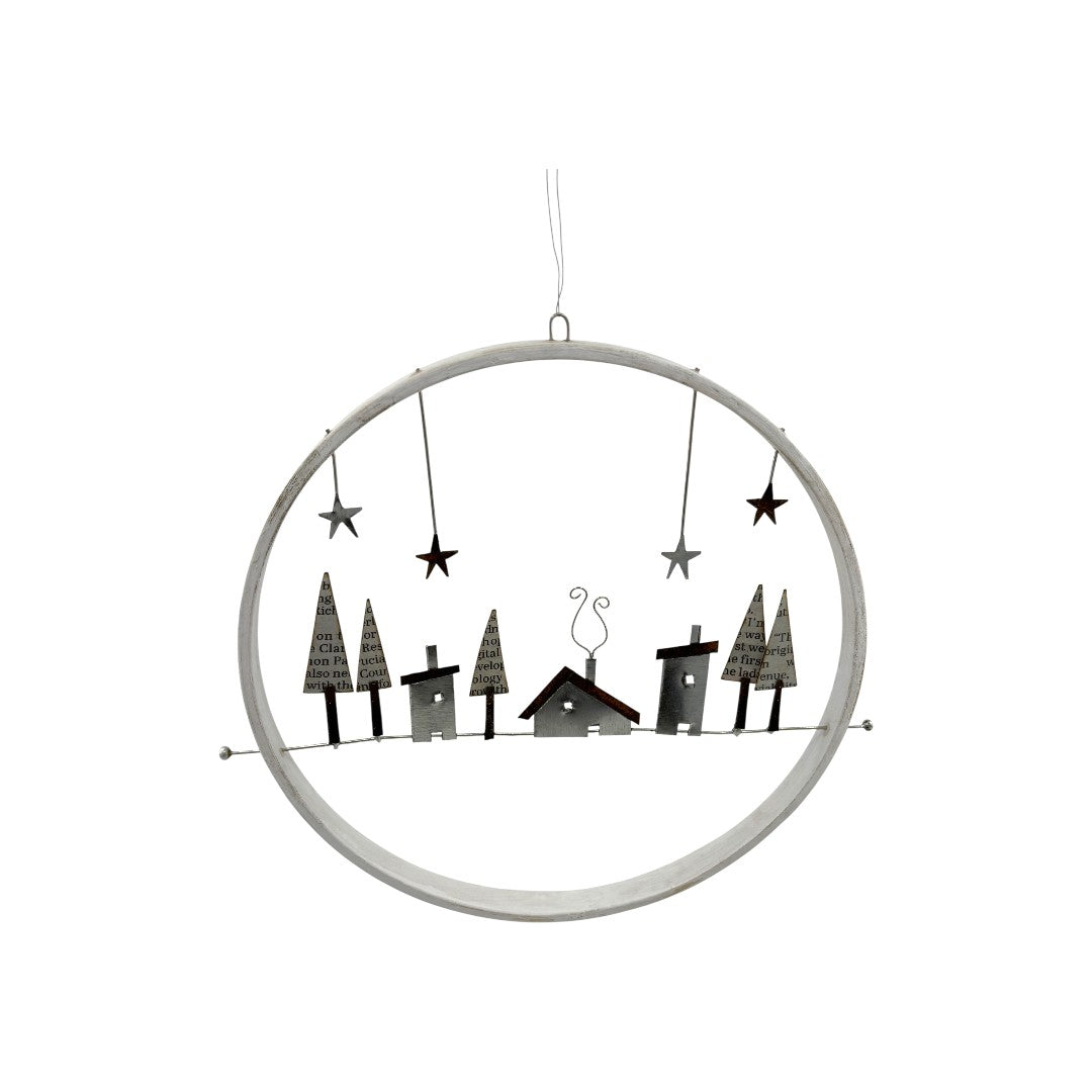 House & Paper Trees Village - Hanging Decoration - Winter Collection - Wood/Metal Sculpture