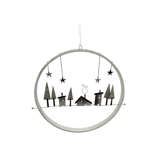 House & Paper Trees Village - Hanging Decoration - Winter Collection - Wood/Metal Sculpture